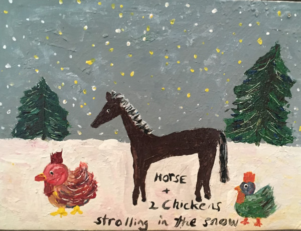 Horse and Chickens in the Snow